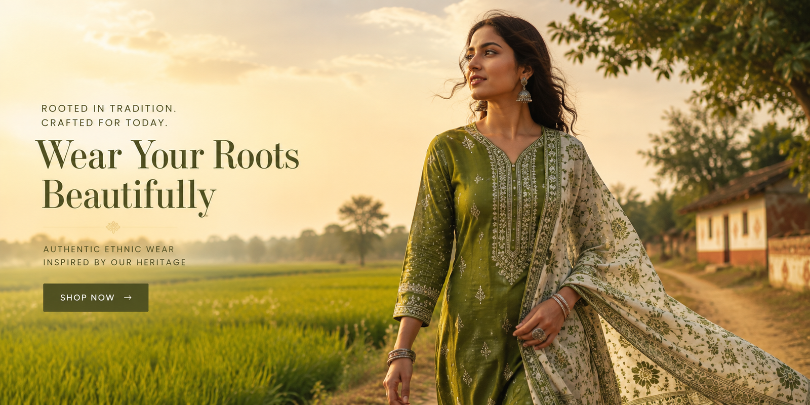 Woman in Green Ethnic Wear in Lush Village Fields Ebunic Hero Banner A woman wearing a premium green ethnic kurta set standing in lush green village fields during golden hour, representing modern Indian ethnic fashion inspired by rural heritage.