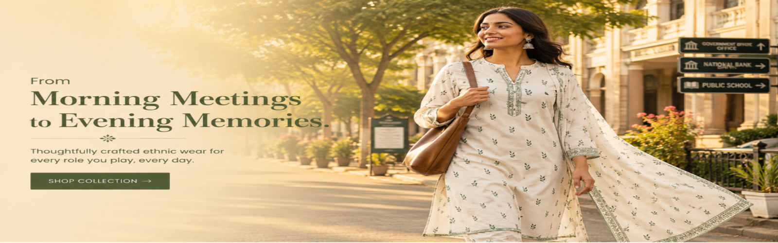 ebunic-ivory-green-botanical-cotton-kurta-working-women-hero-banner Confident Indian woman wearing an ivory cotton kurta set with a subtle green leaf print, walking through a tree-lined street in a Tier 2 Indian city during golden hour, representing modern ethnic wear for everyday elegance.
