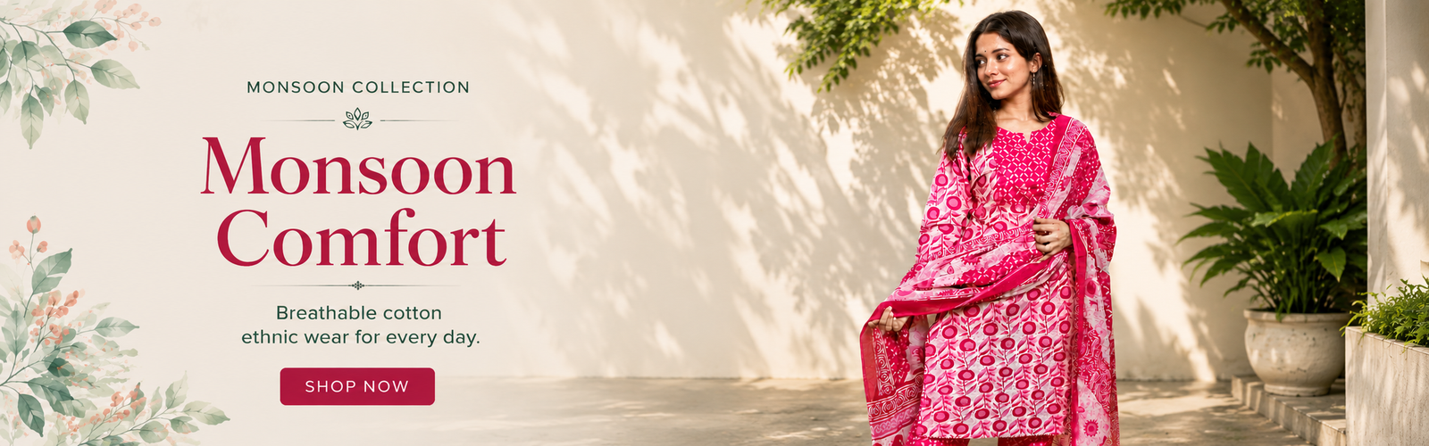 EBUNIC Monsoon Comfort Collection | Breathable Cotton Ethnic Wear for Women Young woman wearing a pink printed cotton ethnic suit with matching dupatta from EBUNIC's Monsoon Comfort Collection, showcased in a lush green courtyard setting for everyday monsoon fashion.