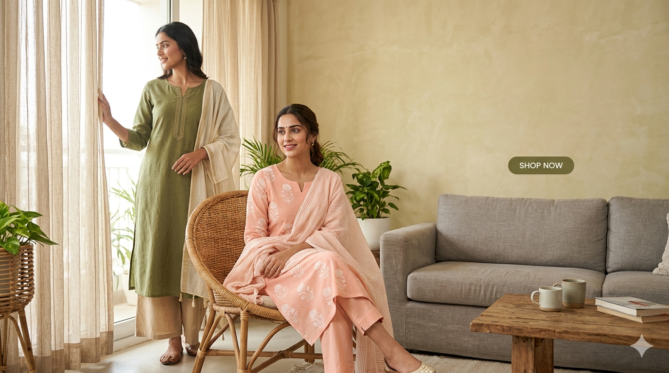 Two women modeling elegant Indian ethnic wear in a modern living room; one standing by the window in an olive green kurta with a beige dupatta, and the other sitting in a wicker chair wearing a pastel peach floral printed suit set.