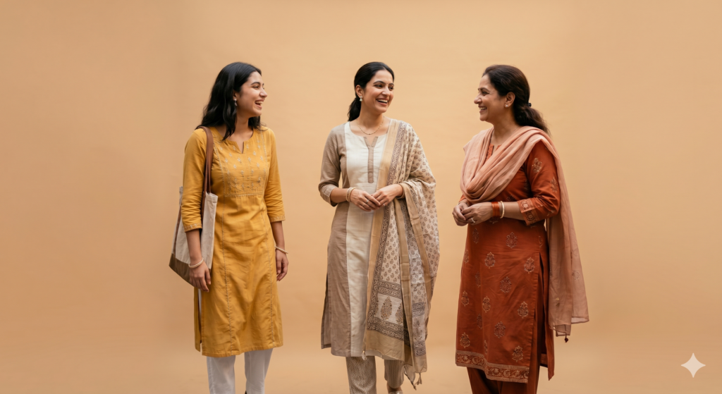Three modern Indian women wearing comfortable and stylish ethnic wear (kurti and kurti-pant sets), representing everyday fashion for North Indian women North India's Emerging Ethnic Wear Brand