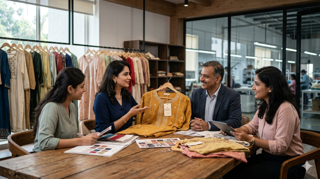 Boutique owner and designers discussing custom branding tags on ethnic kurtis with a private label clothing manufacturer India.