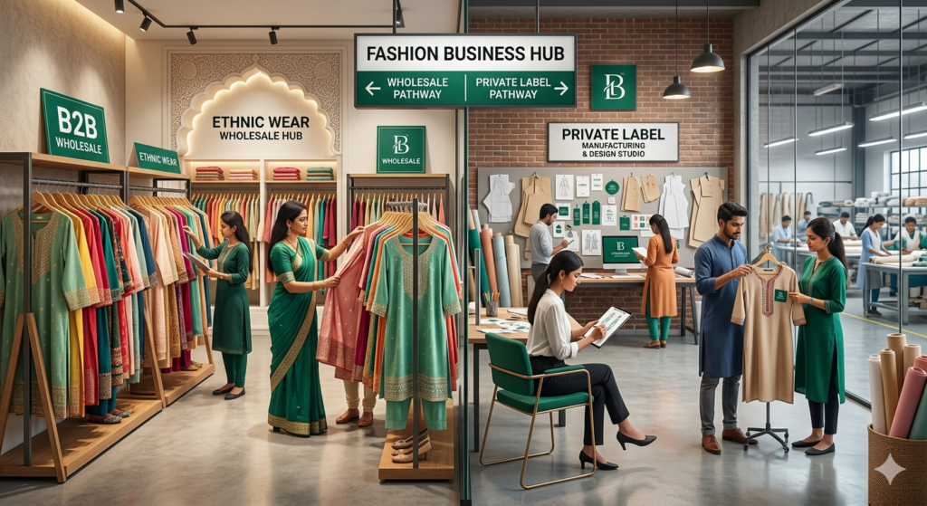 Split-screen banner showcasing a modern wholesale ethnic wear warehouse on the left and a private label design studio on the right, highlighting a premier wholesale & private label clothing manufacturer in India.