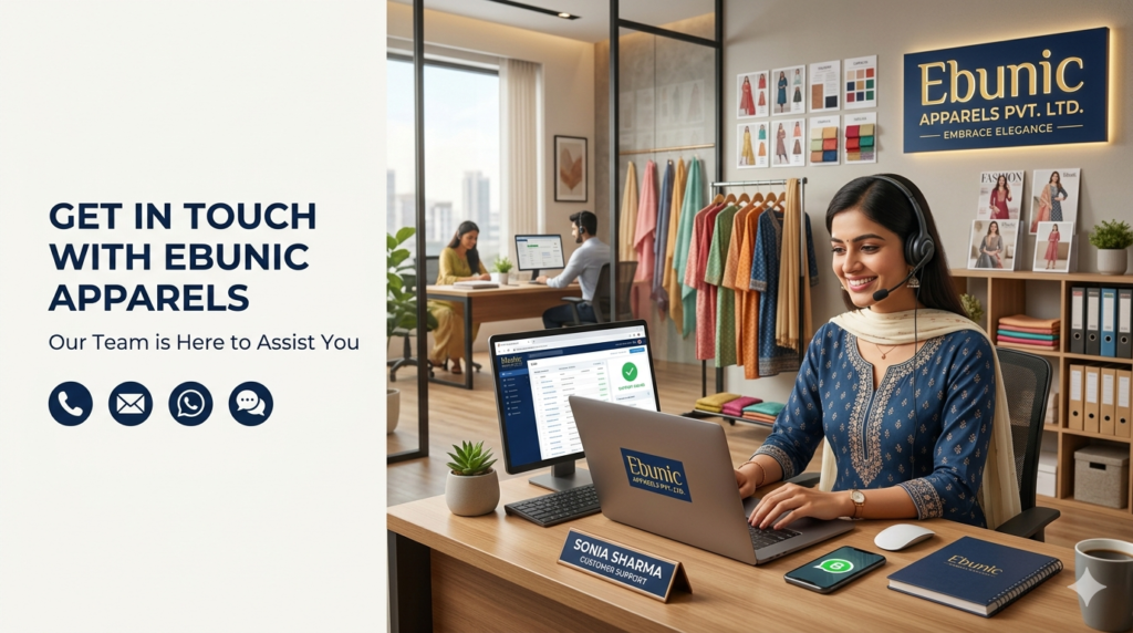 A smiling female support executive with a headset assisting clients at Ebunic Apparels Pvt. Ltd., a premier ladies kurti manufacturer in India. The modern office showroom background features colorful ethnic wear, salwar suits, dupattas, and fashion catalogs, with communication icons and a contact headline on a clean left background.