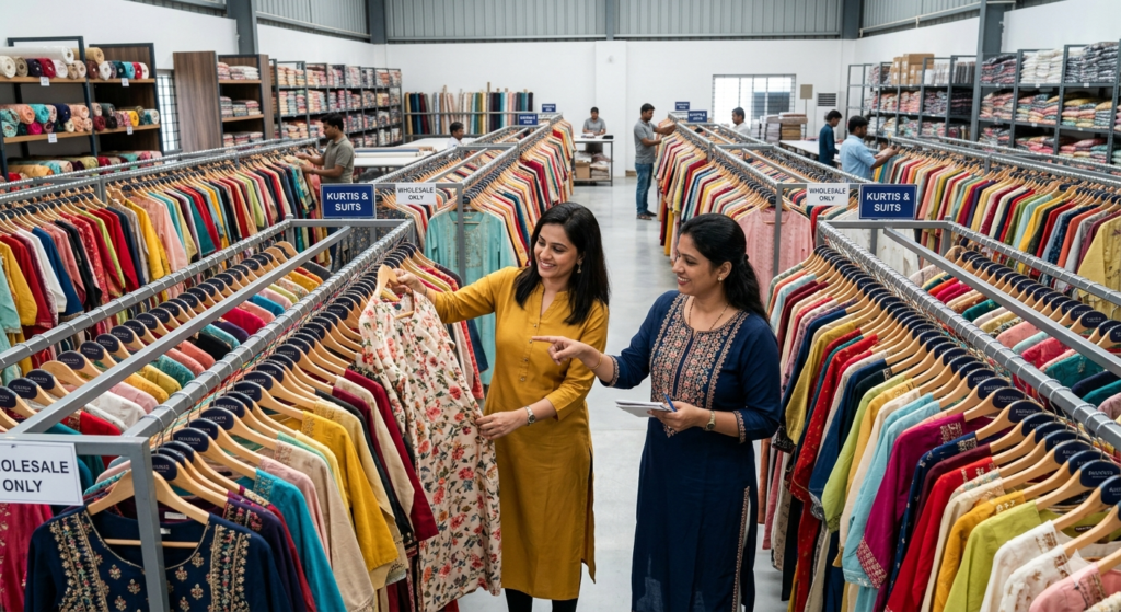 Two women entrepreneurs inspecting a premium green embroidered ethnic garment inside a luxury clothing showroom belonging to a leading wholesale kurti manufacturer in India.