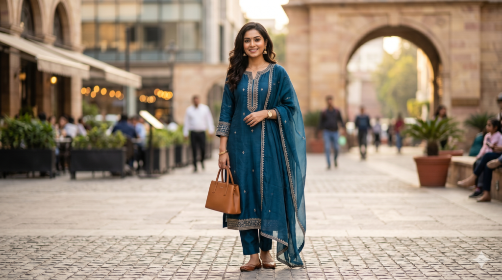 Confident Indian woman wearing elegant modern ethnic wear showcasing women's fashion tips and style inspiration