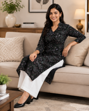 Black Floral Printed Cotton Kurta Pant Set EBUNIC