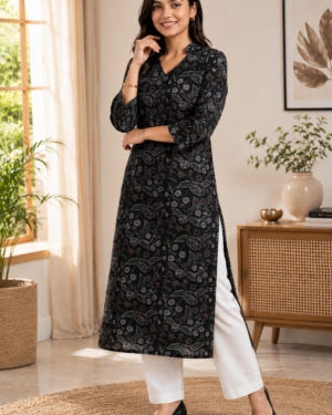 Ebunic Black Floral Printed Straight Cotton Kurti