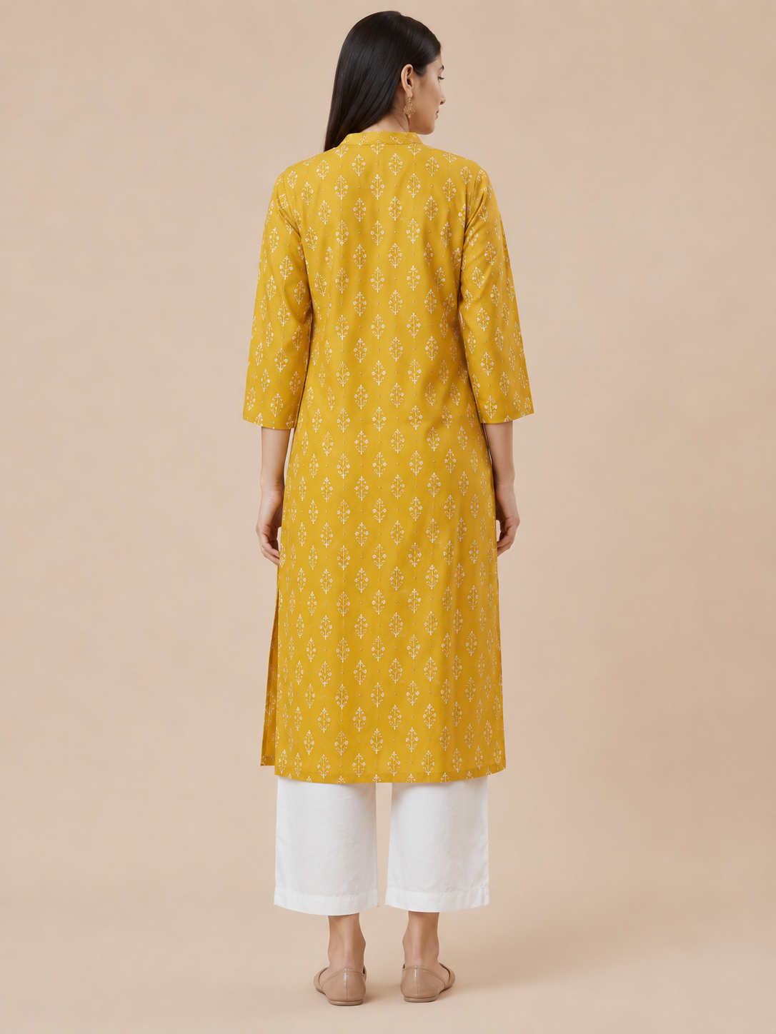 Mustard Yellow Printed Cotton Straight Kurta - Image 4