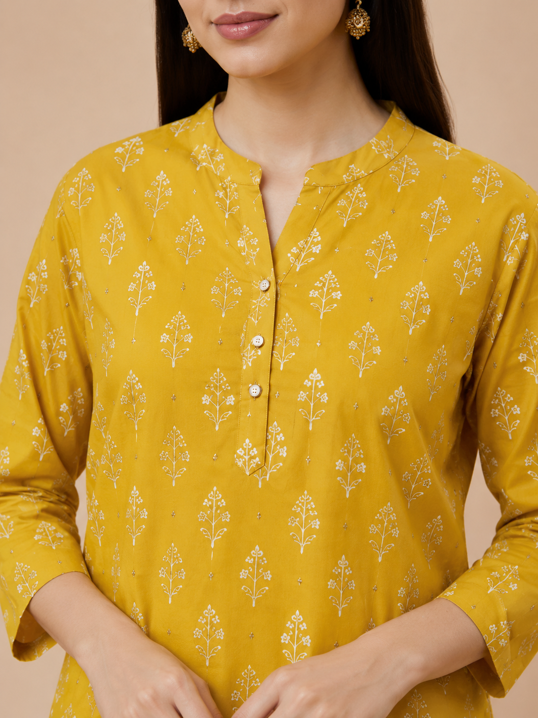 Mustard Yellow Printed Cotton Straight Kurta - Image 3