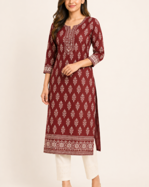 Indian female model wearing Ebunic maroon cotton printed kurta straight with round neckline and 3/4 sleeves on a warm ivory studio background. Premium ethnic wear for office, college and casual wear.