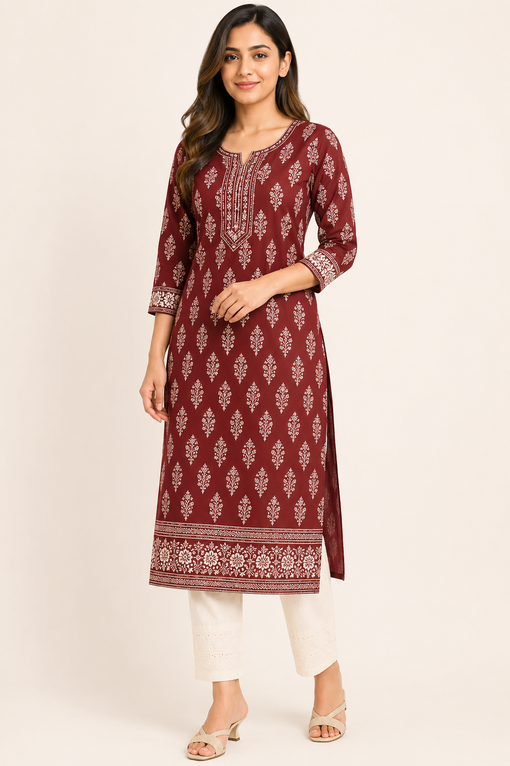 Indian female model wearing Ebunic maroon cotton printed kurta straight with round neckline and 3/4 sleeves on a warm ivory studio background. Premium ethnic wear for office, college and casual wear.