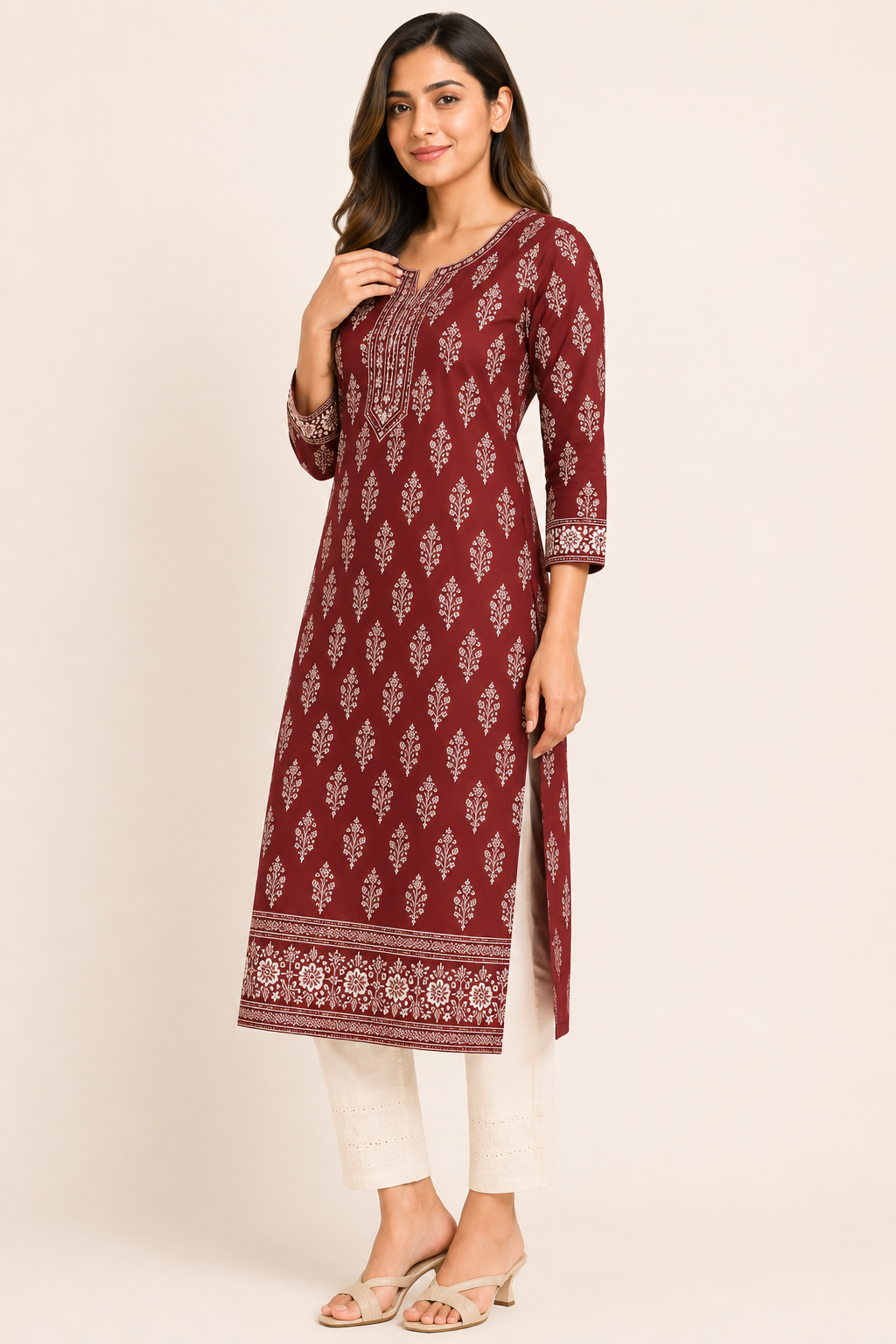 Professional Indian female model wearing Ebunic maroon cotton printed straight kurta with round neckline and 3/4 sleeves, standing at a 45-degree angle on a warm ivory studio background. Full-length premium ethnic wear catalogue image.