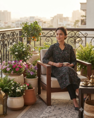 Black Floral Printed Cotton Kurta Pant Set Women with Elastic Waist Front View