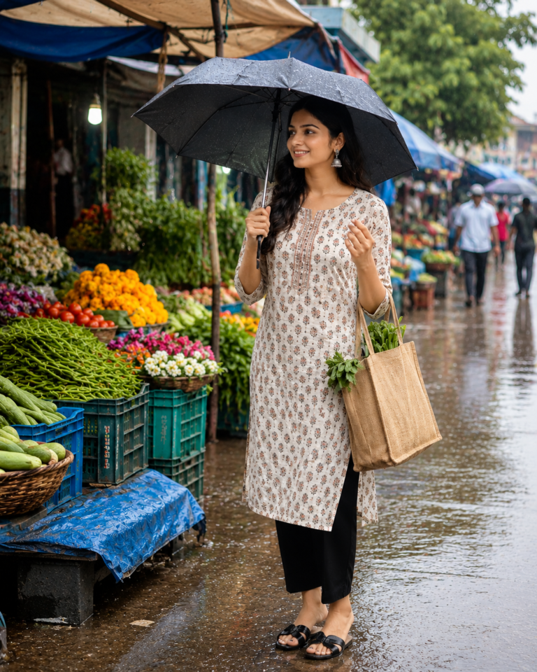Young Indian woman shopping in a colourful local market during monsoon wearing a breathable printed cotton kurti for monsoon with black ankle-length pants, carrying a jute shopping bag and umbrella.