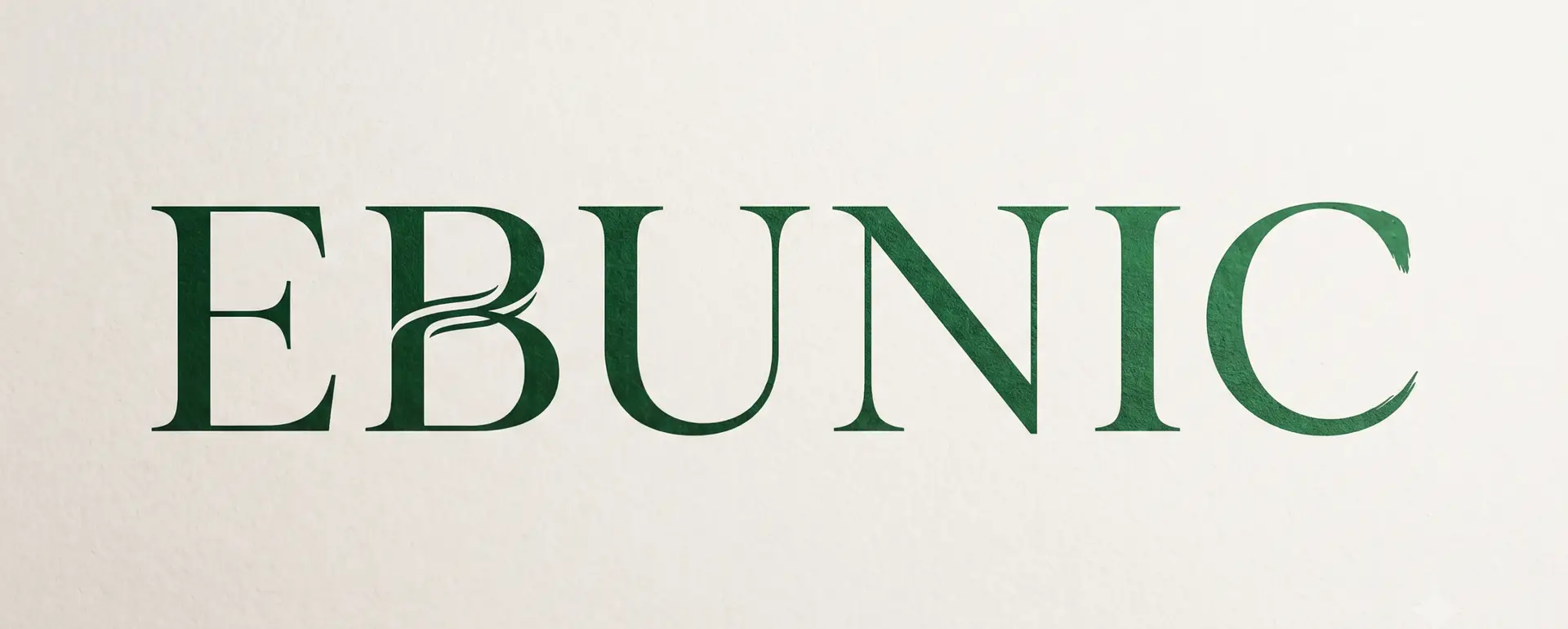 EBUNIC luxury fashion brand logo featuring elegant forest green custom serif typography inspired by Indian heritage, craftsmanship, and timeless ethnic fashion.