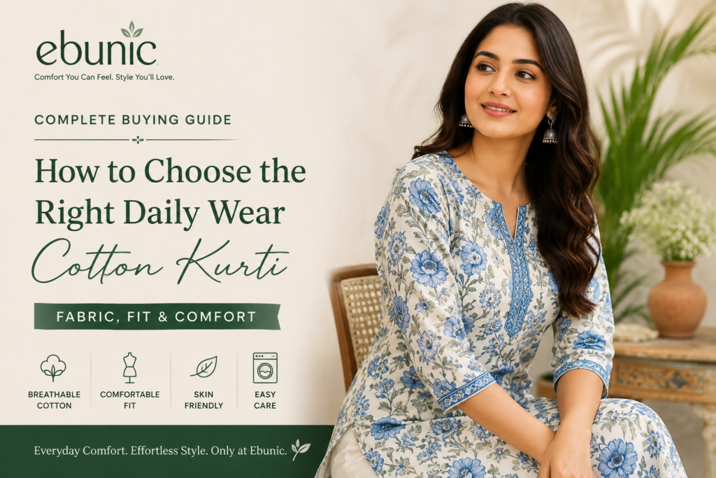 Woman wearing a blue floral daily wear cotton kurti showcasing breathable fabric, comfortable fit, and everyday ethnic style by Ebunic.