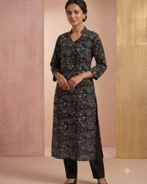 Ebunic Black Floral Printed Straight Cotton Kurtifor Women with Elegant Floral Print Front View