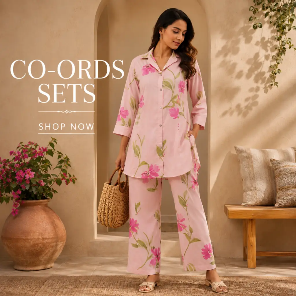 Young woman wearing a blush pink floral printed cotton co-ord set featuring a relaxed button-down shirt and straight-fit trousers in a warm earthy courtyard.