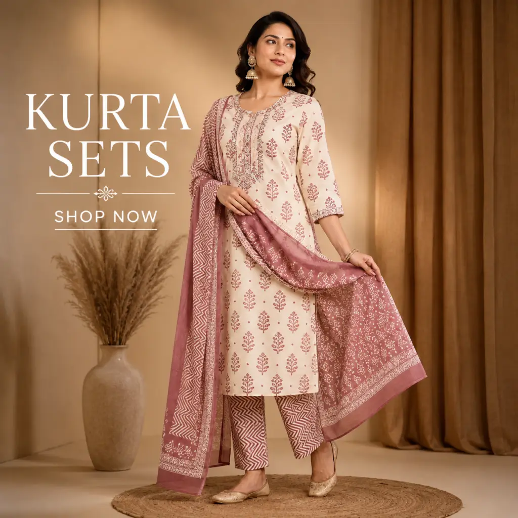 Young Indian woman wearing an elegant off-white and dusty rose pink cotton kurta set with printed straight pants and a matching dupatta, posing gracefully in a warm minimalist studio with neutral décor.
