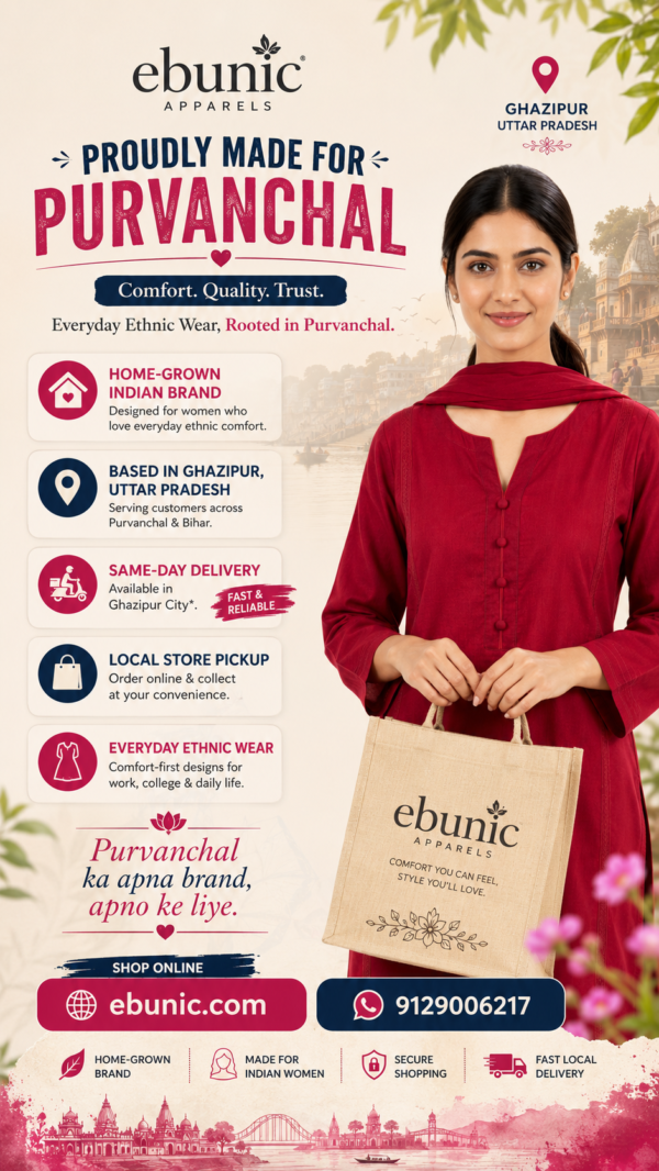 oung Indian woman wearing a maroon cotton kurti holding an Ebunic shopping bag, promoting everyday ethnic wear proudly made for Purvanchal in Ghazipur, Uttar Pradesh with local delivery and online shopping.