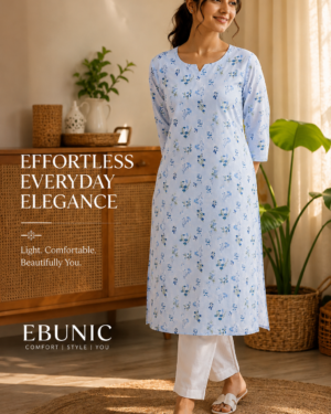 Woman wearing the Ebunic Sky Blue Floral Cotton Kurta Set with white pants in a premium lifestyle setting, perfect for casual, office, and everyday wear.