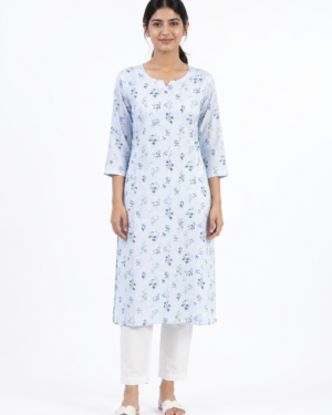 Front view of Ebunic women's blue white cotton floral printed kurti