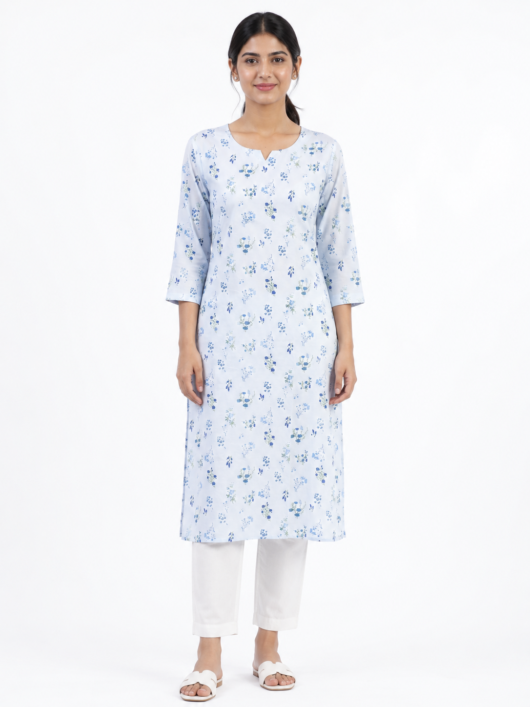 Front view of Ebunic women's blue white cotton floral printed kurti