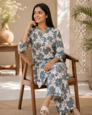 Woman sitting on chair wearing Blue Floral Printed Cotton Kurta Set