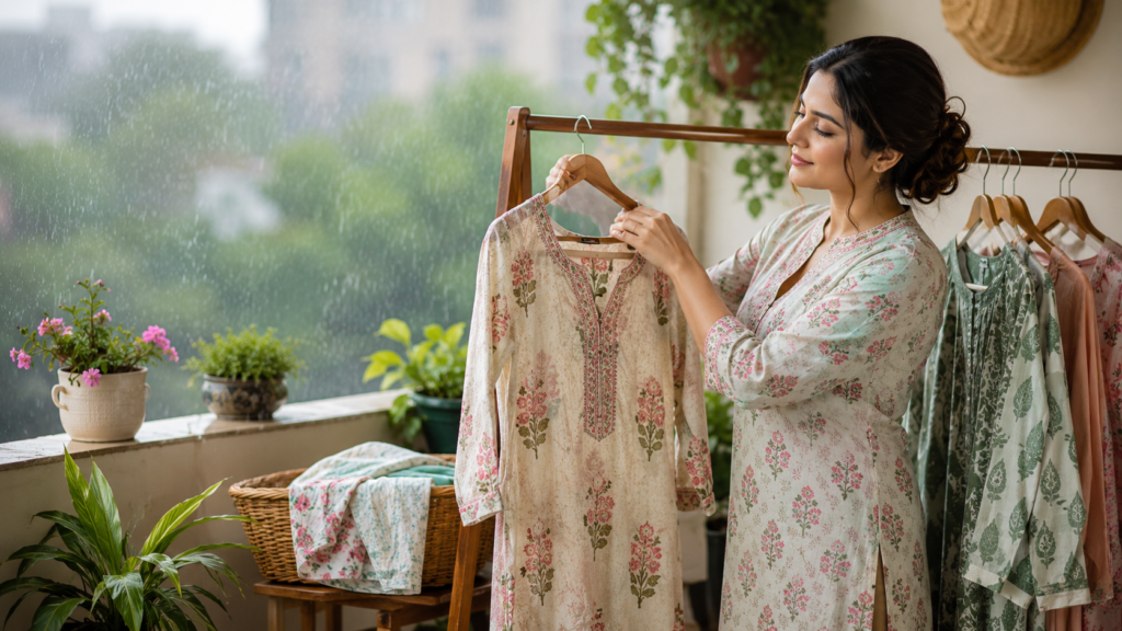 How to wash cotton kurti during monsoon – Woman caring for an Ebunic cotton kurti on a balcony