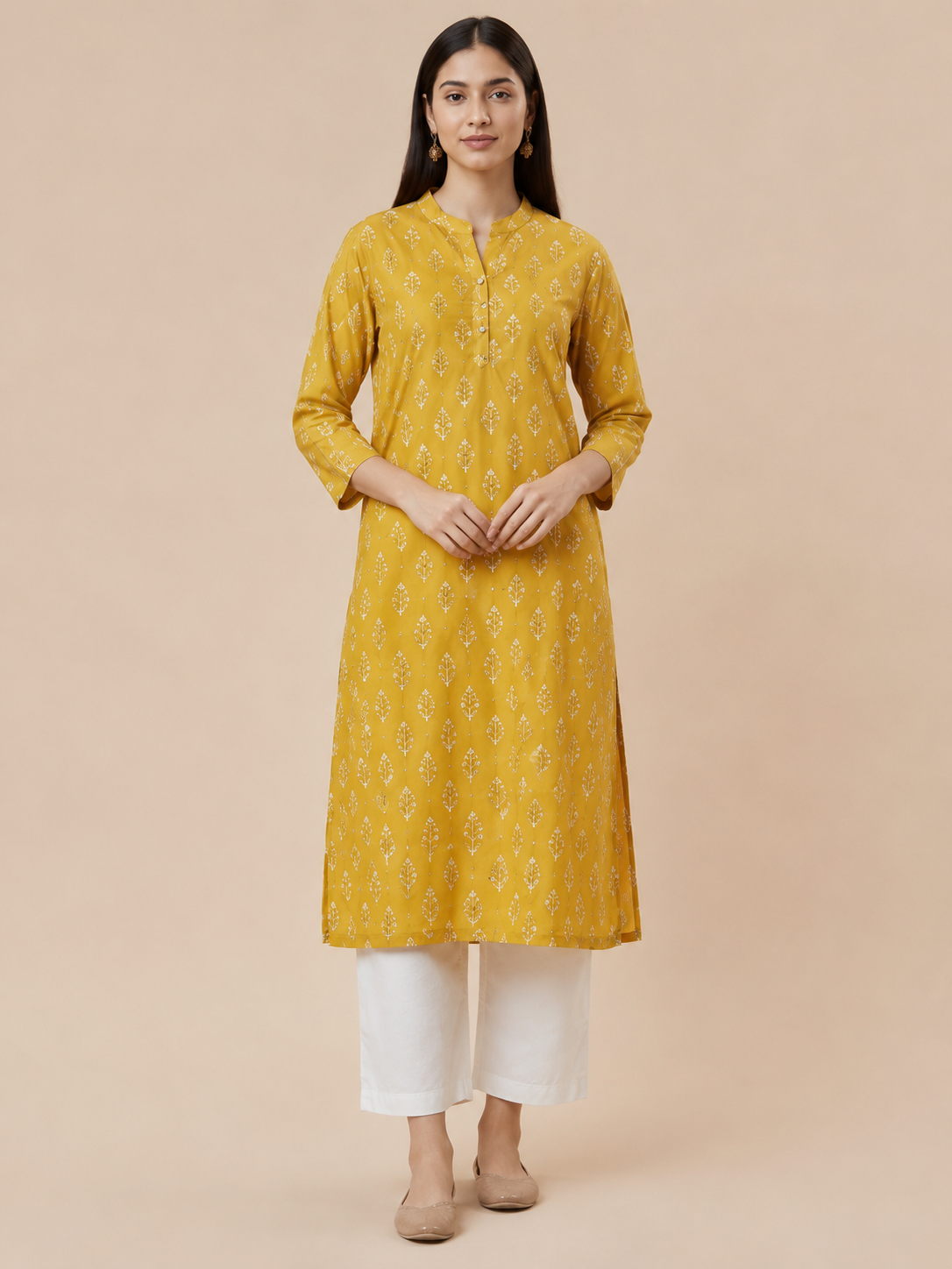 Mustard Yellow Printed Cotton Straight Kurta - Image 5
