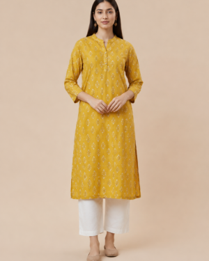 Woman wearing mustard yellow printed cotton straight kurta by EBUNIC