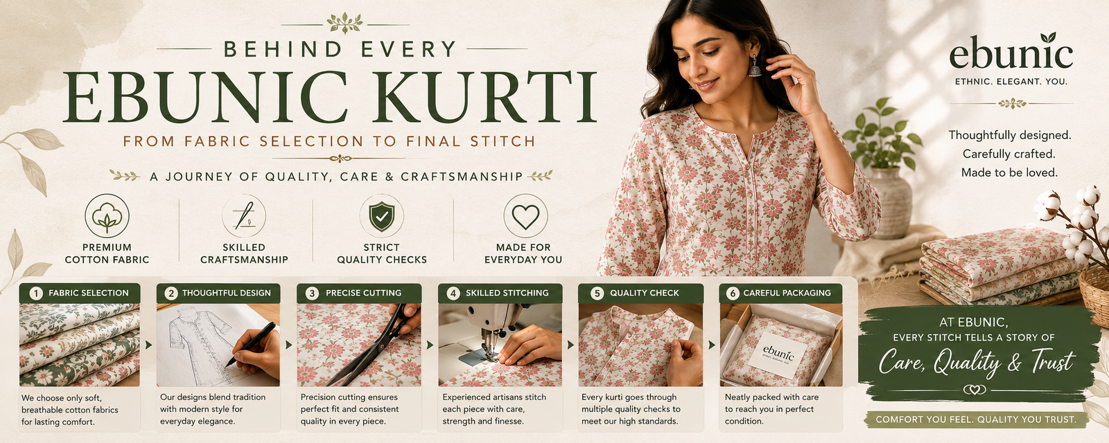 Quality cotton kurti by Ebunic showcasing the journey from premium fabric selection to final stitching and quality craftsmanship.