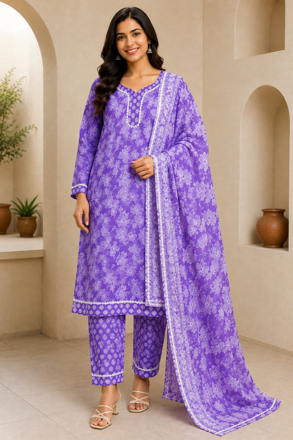 EBUNIC Women Purple Cotton Printed Kurti Pant Dupatta Set - Image 2
