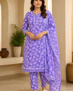 Cotton Printed Kurti Pant Dupatta Set for Women in Purple with Floral Print
