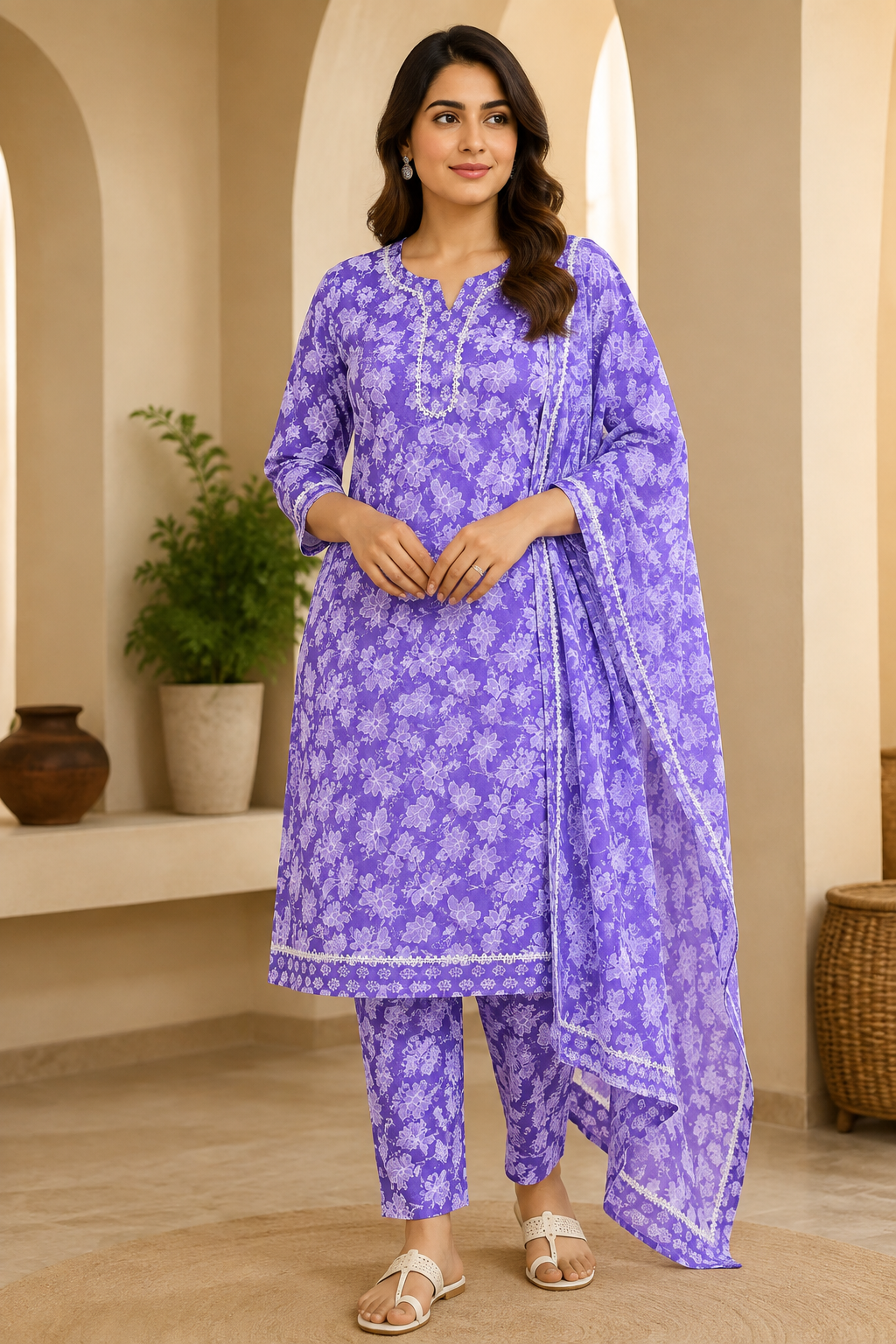 Cotton Printed Kurti Pant Dupatta Set for Women in Purple with Floral Print