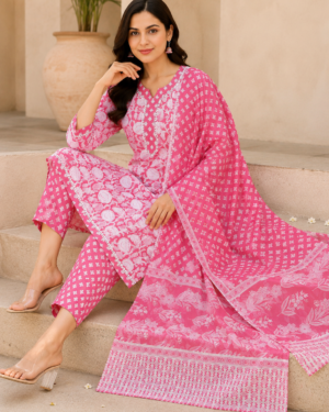 Stylish Pink Floral Printed Cotton Kurta Pant Dupatta Set
