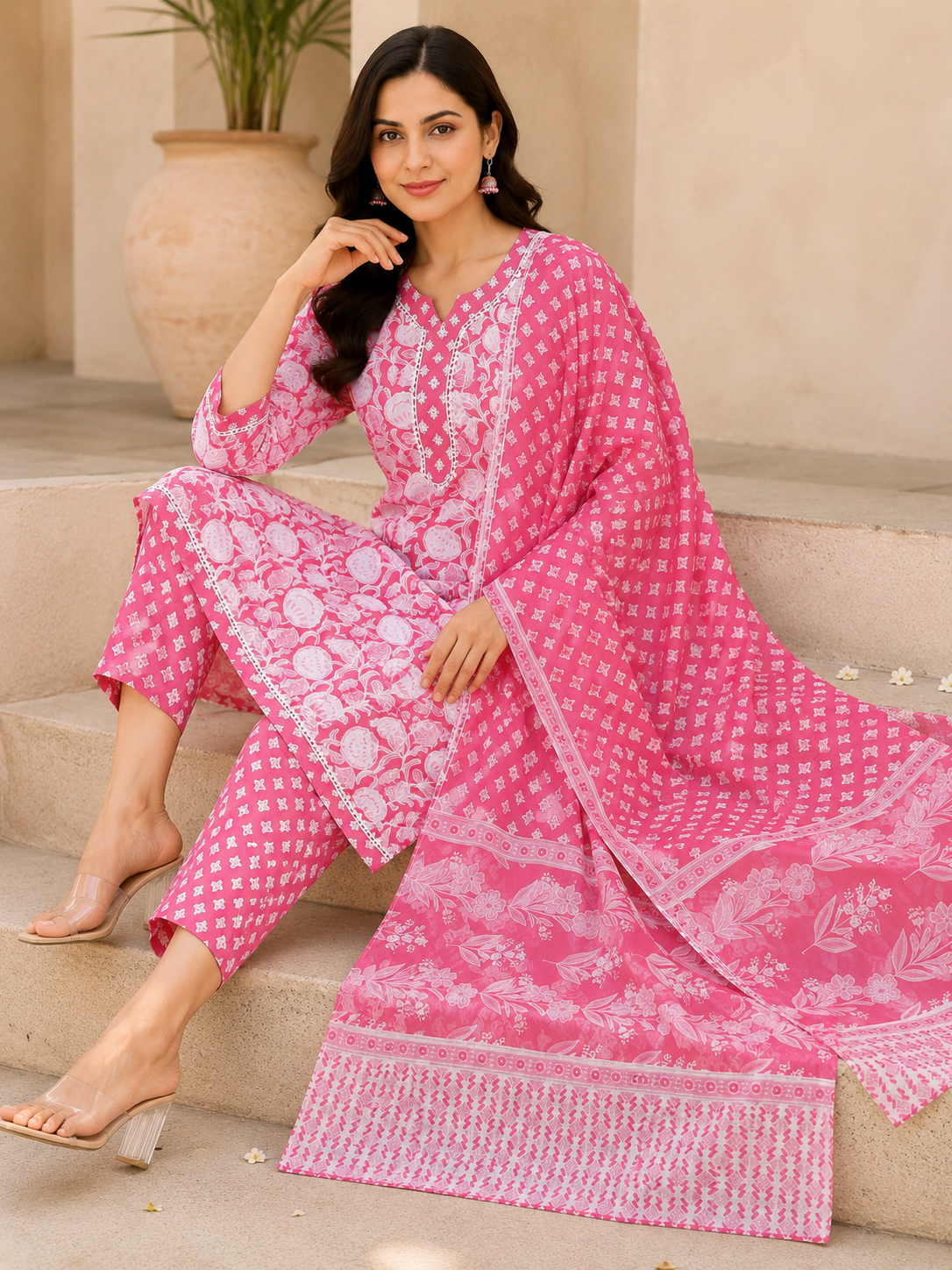 Stylish Pink Floral Printed Cotton Kurta Pant Dupatta Set