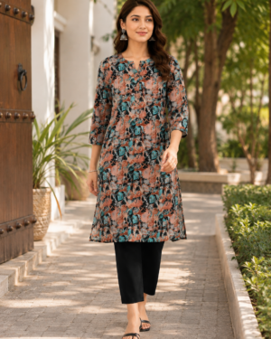 Ebunic Floral Printed Rayon Kurta Set for Women | Brown Straight Kurti with Pants