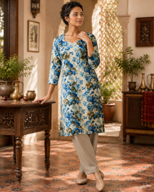 Women’s Blue Floral Printed Cotton Kurta Pant Set | 3/4 Sleeve Ethnic Wear Set