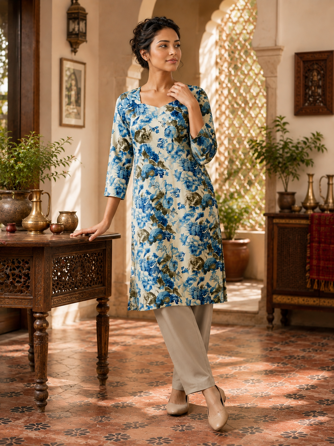 Women’s Blue Floral Printed Cotton Kurta Pant Set | 3/4 Sleeve Ethnic Wear Set