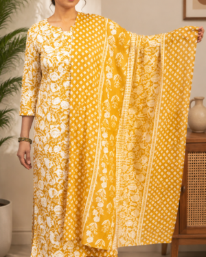 Women’s Mustard Yellow Floral Printed Cotton Kurta Set with Dupatta & Pant