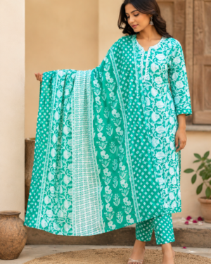 Women’s Turquoise Floral Printed Cotton Kurta Set with Dupatta & Pant