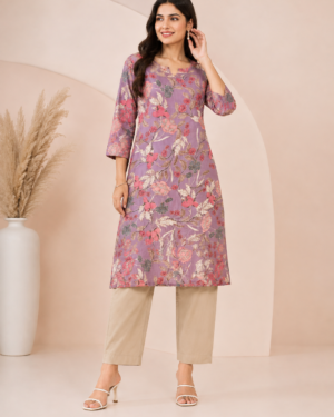 Lavender Floral Cotton Kurta Pant Set for Women