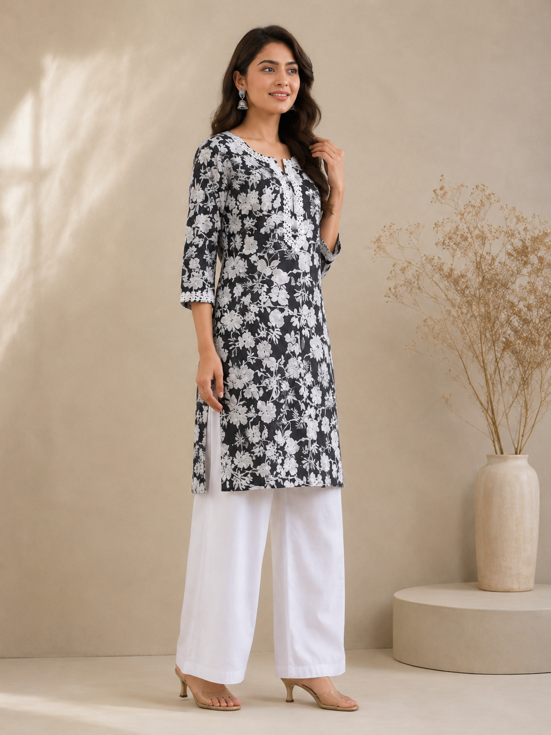 Black and white floral cotton kurta pant set for wome