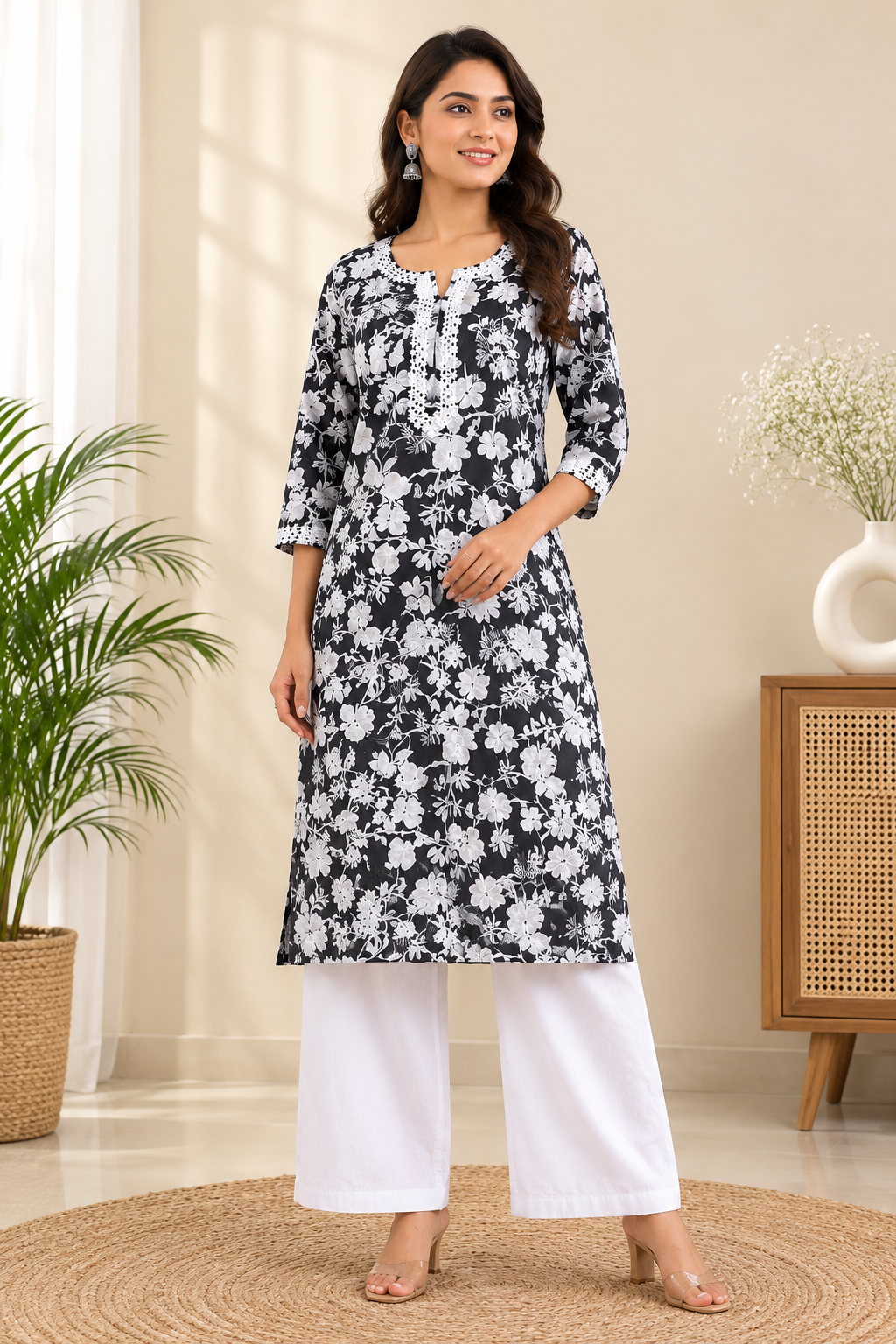 Black and white floral cotton kurta pant set for women