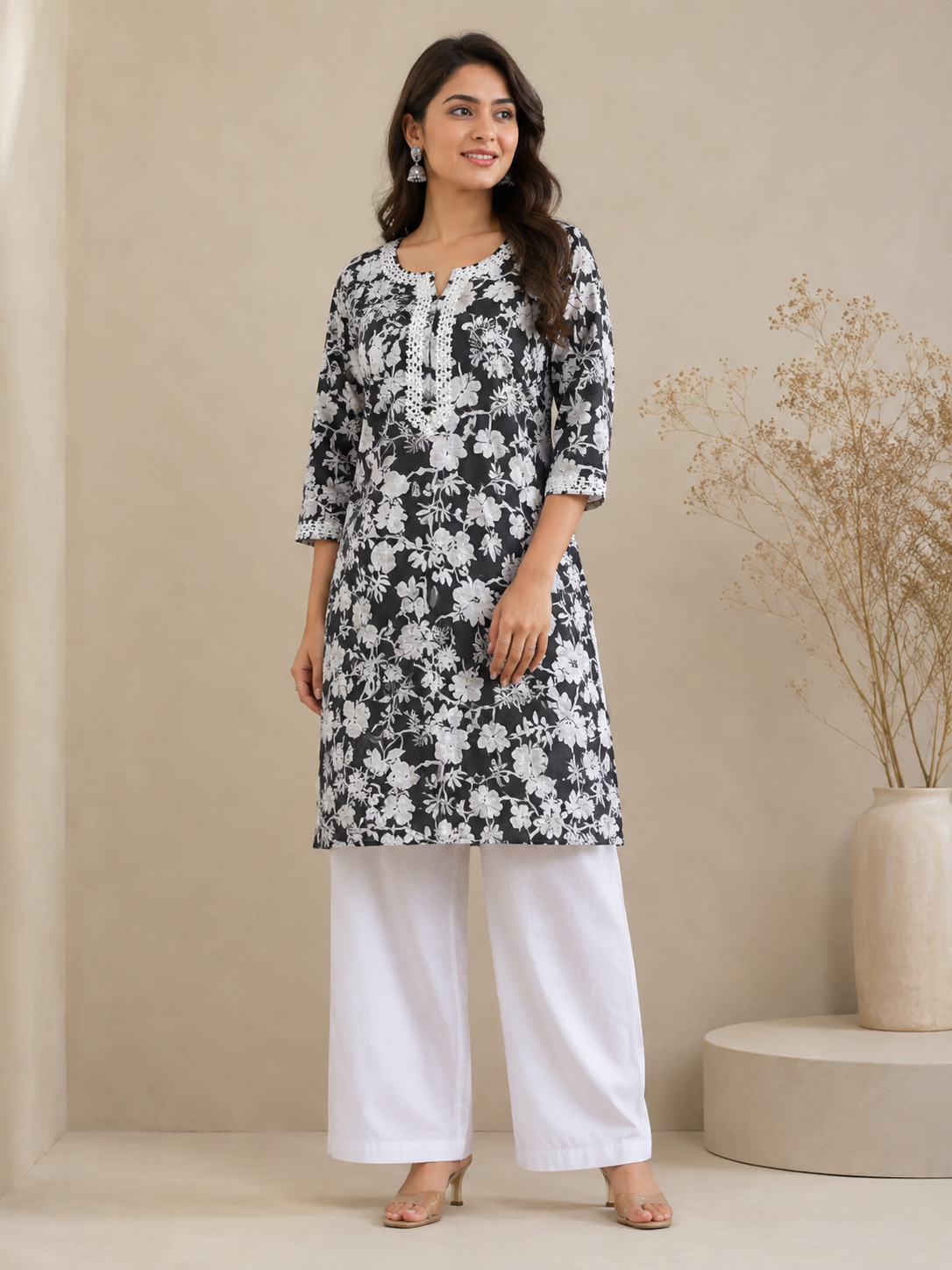 Black and white floral cotton kurta pant set for women