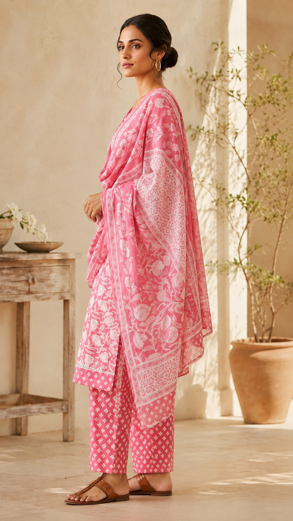 Stylish Pink Floral Printed Cotton Kurta Pant Dupatta Set - Image 2