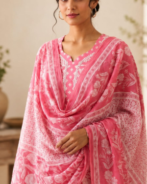 Close-up view of the Pink Cotton Kurta Pant Dupatta Set showing the floral print, cotton fabric texture, and intricate border detailing.
