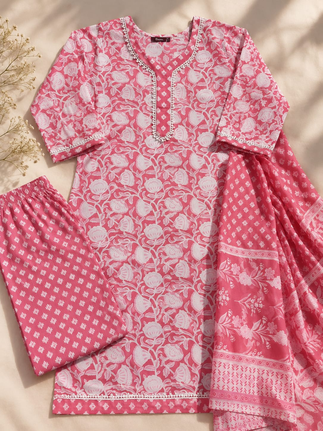 Full product view of the Pink Cotton Kurta Pant Dupatta Set featuring a floral printed straight kurta, matching pants, and coordinated dupatta.